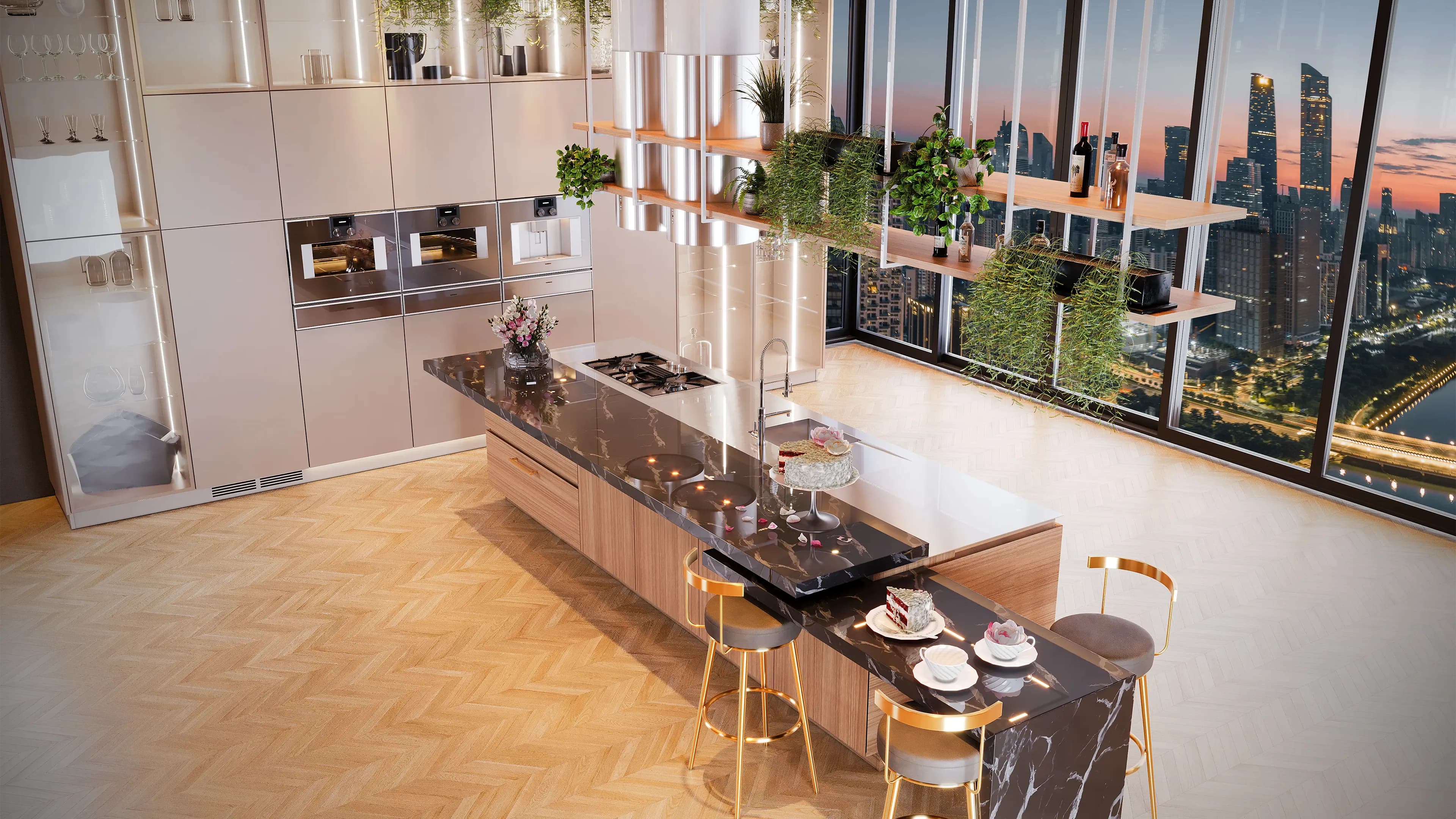 Render 3D de cozinha planejada com ilha em pedra escura e armários em madeira