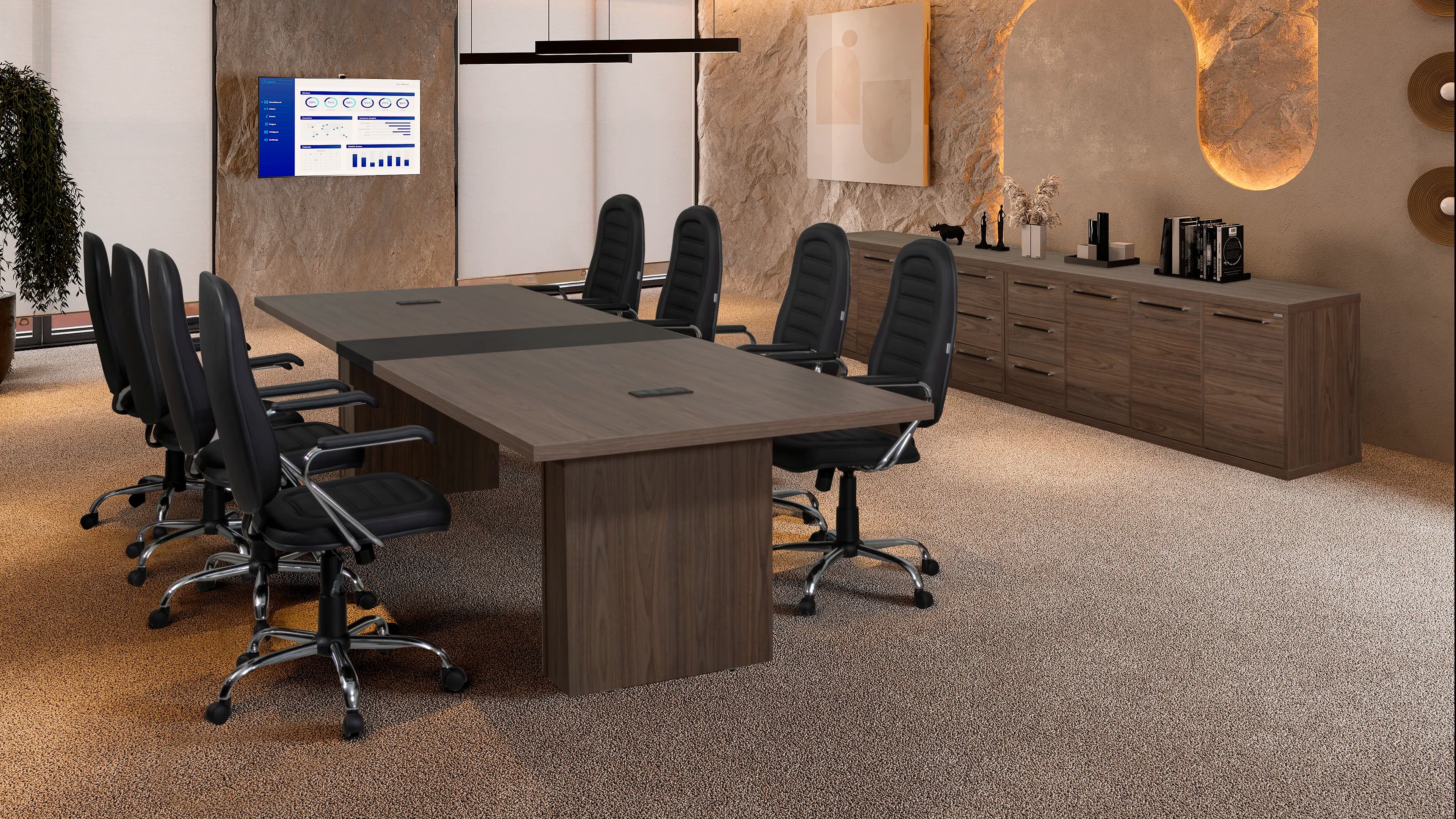 Render 3D de sala de reunião com mesa grande e cadeiras executivas, mobiliário corporativo para projetos BIM