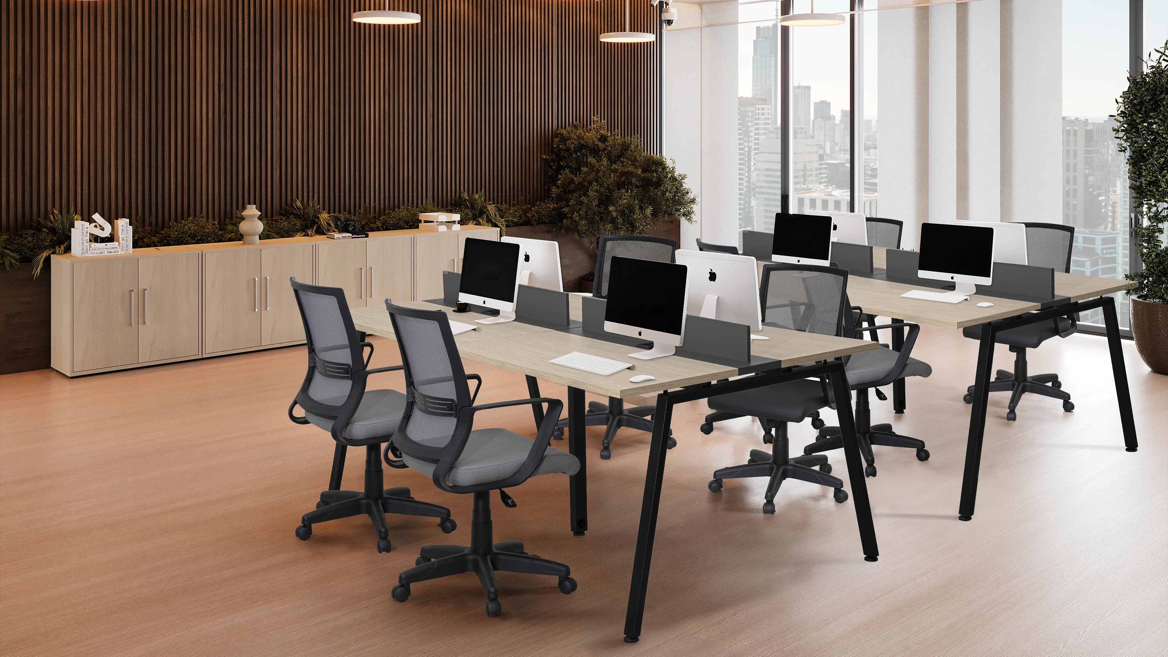 Render 3D de escritório com estações de trabalho em plataforma