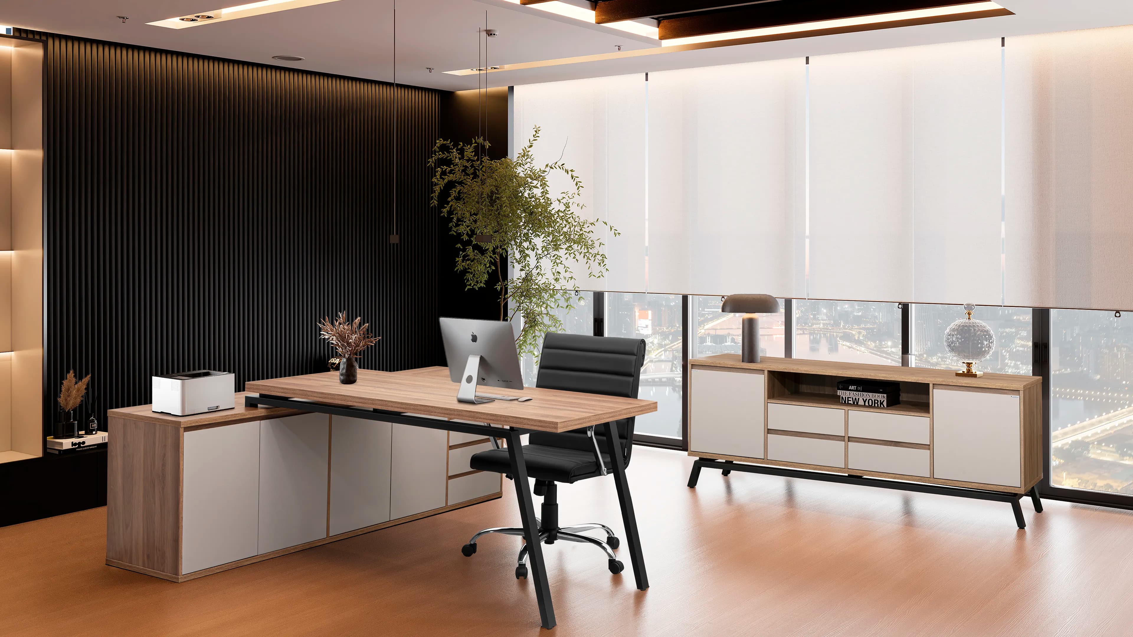 Render 3D de escritório executivo com mesa em L e armários