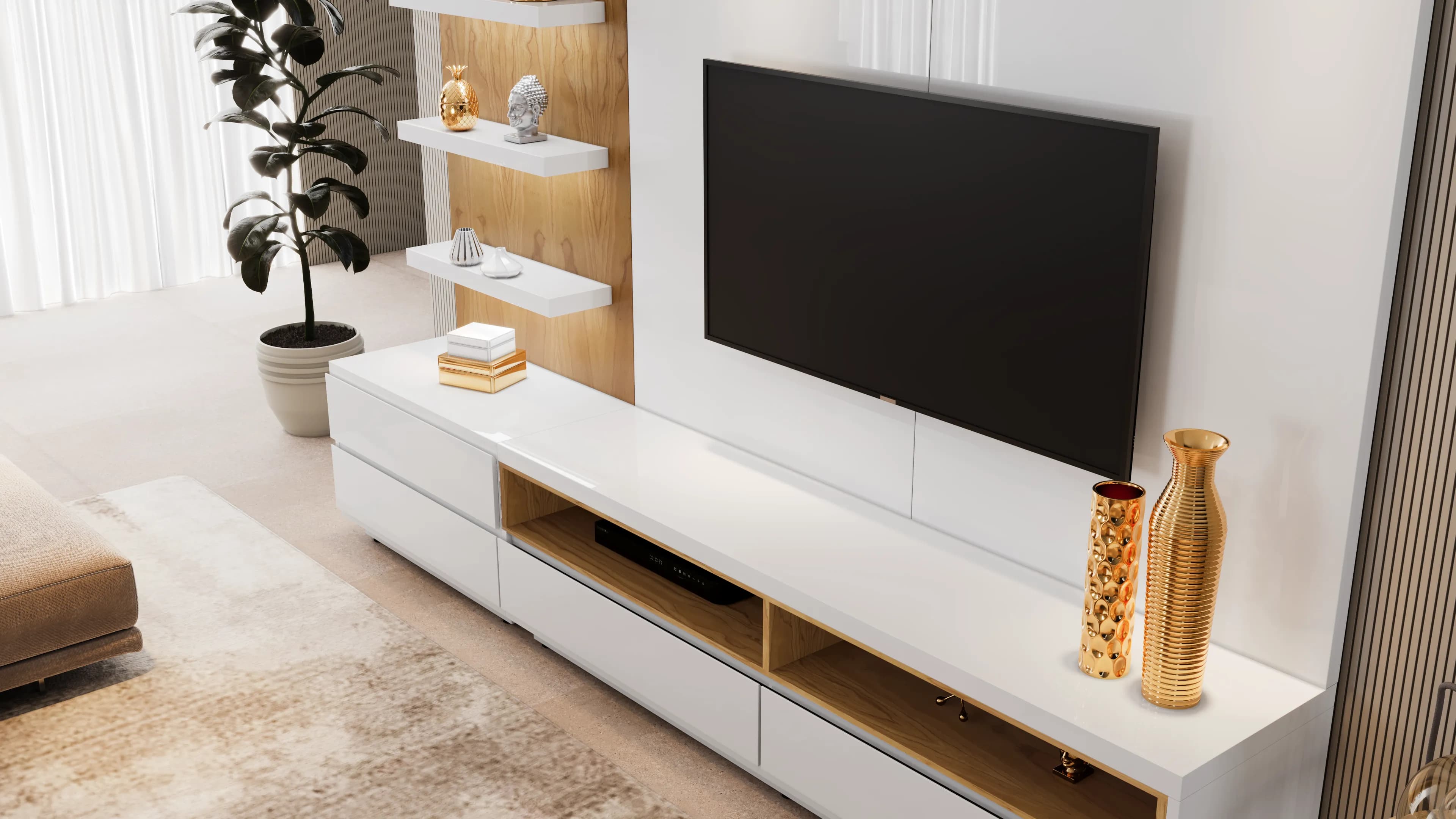 Render 3D de painel de TV branco com nichos iluminados e rack suspenso