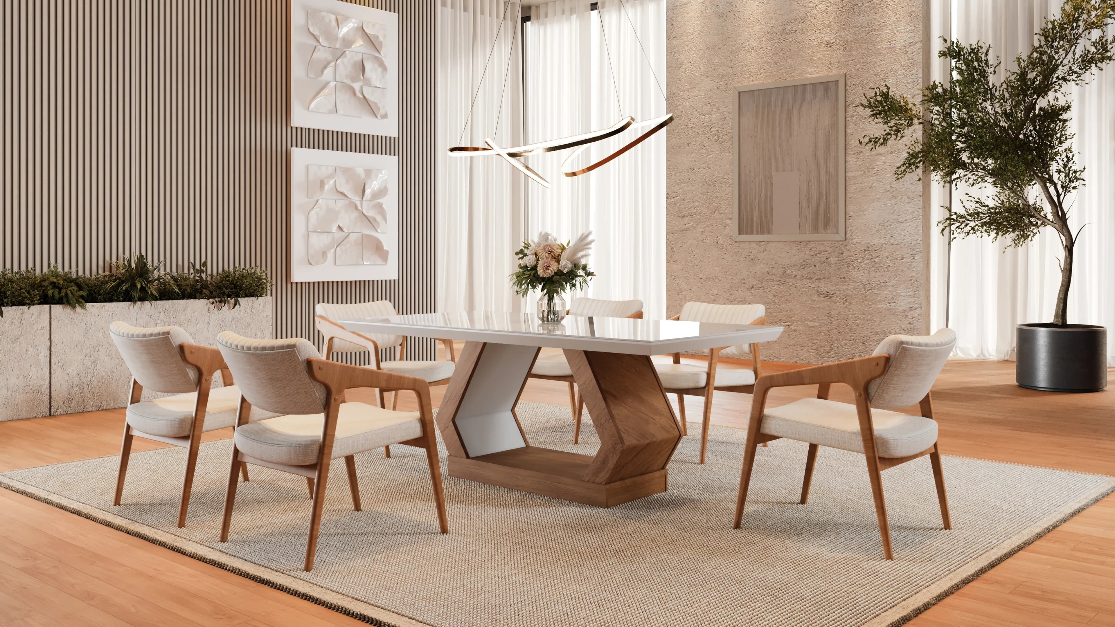 Render 3D de sala de jantar com mesa branca e cadeiras estofadas para catálogo digital